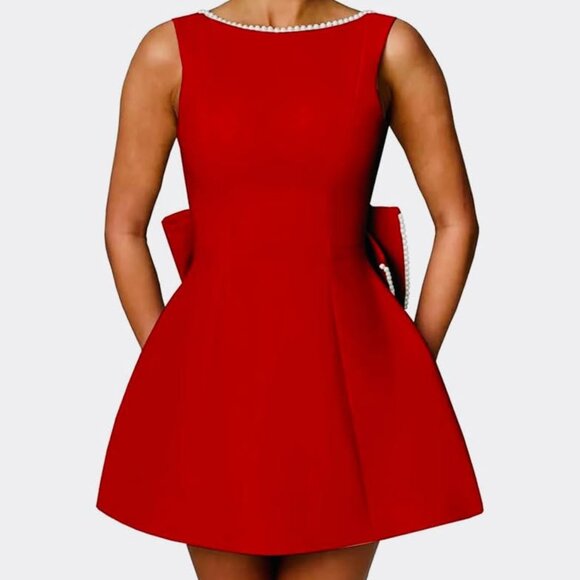 Red Satin Holiday Mini Dress with Pearl Trim and Bow Medium - Picture 1 of 9